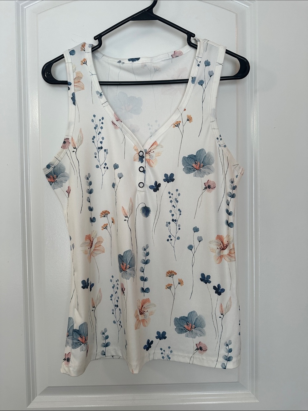 Floral Print Ribbed Tank Top - White with Blue & Peach Flowers